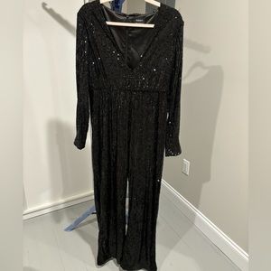 Black Sequined Long Sleeve V Neck Jumpsuit